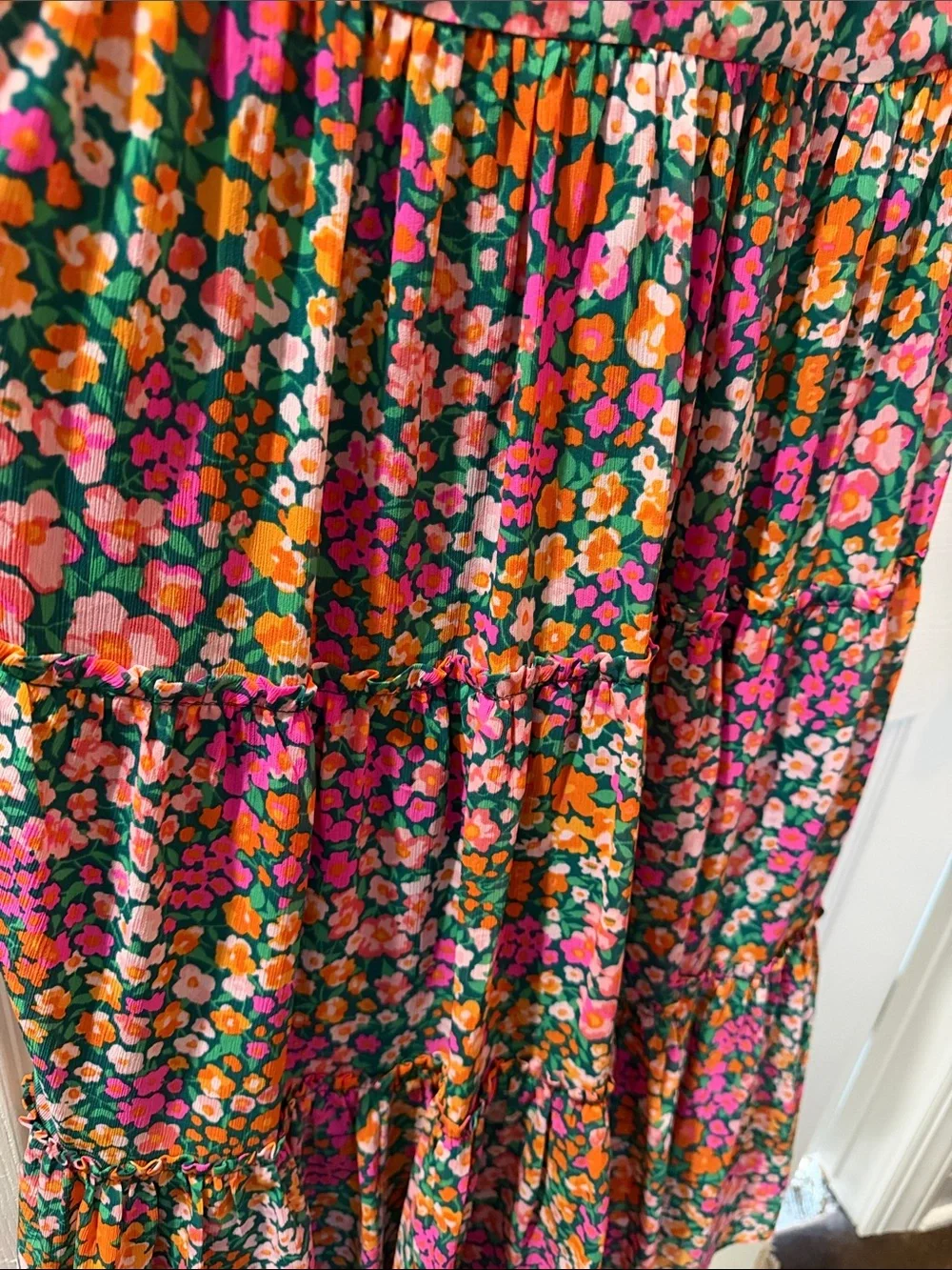 J. Crew Floral Tiered Midi Dress in Green, Pink & Orange